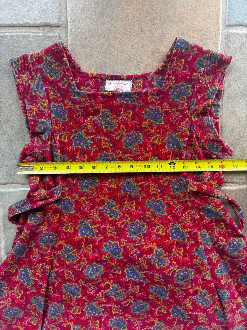 Vintage Handmade Red Floral Corduroy Dress With Ruffle Sleeves & Tie Waist - Swe - Picture 8 of 9